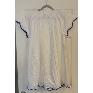 LAKE Pajamas Patio Dress MED White Royal Blue Scalloped Trim 100% Cotton Lined